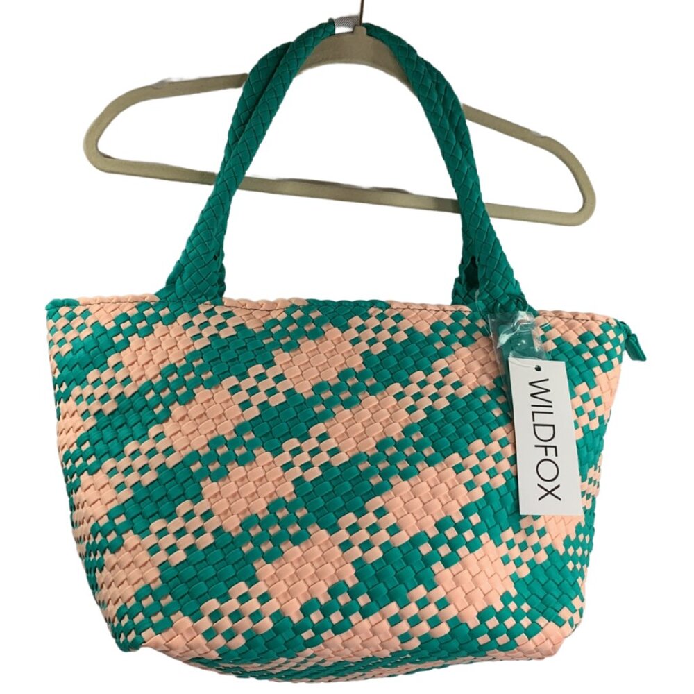 WILDFOX Large Woven Double Handle Tote Bag Green/Peach NWT $125